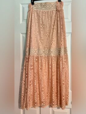 Peachy Pink Lace Maxi Skirt with Embroidered Waistband